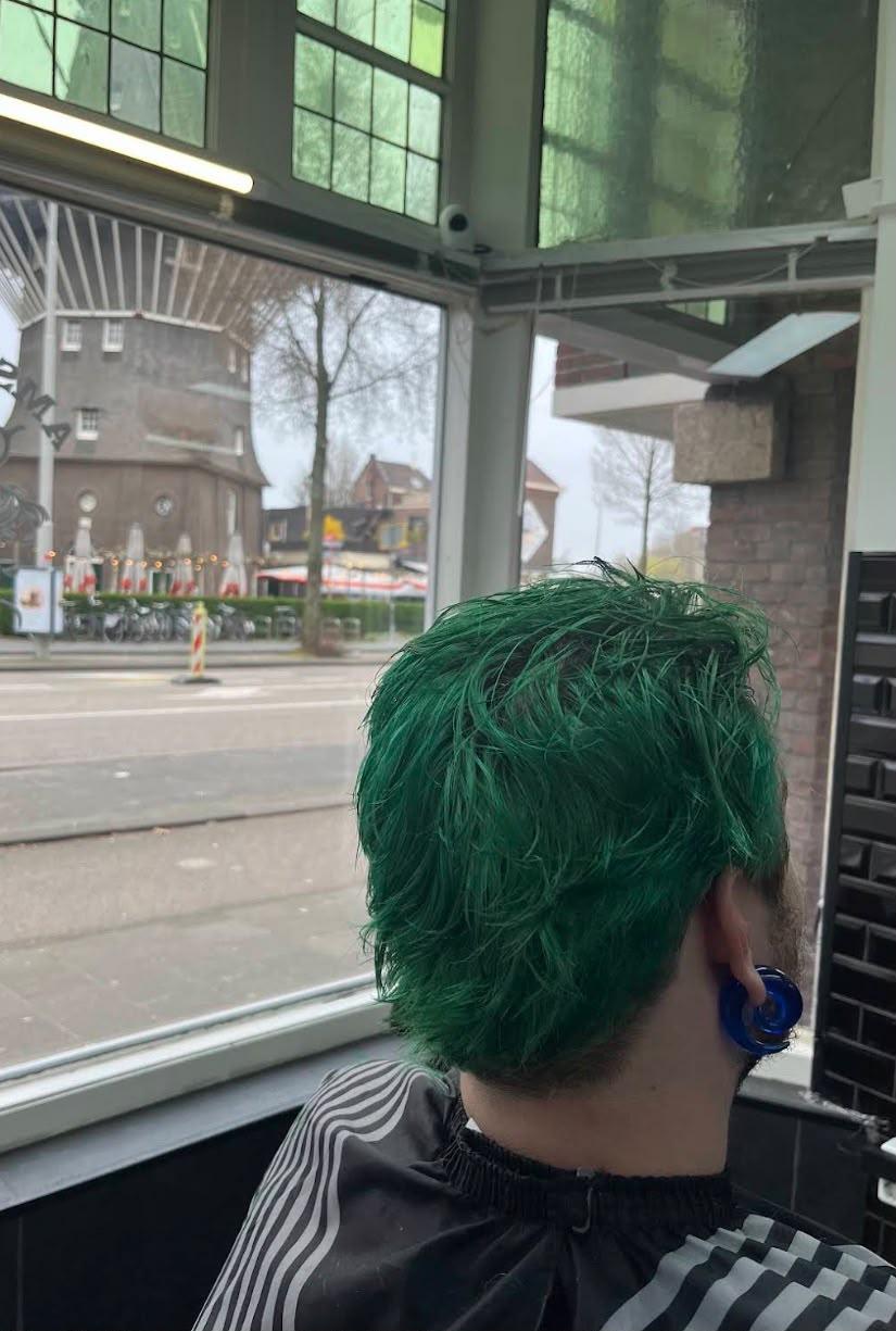 Klant met fel groen gekleurd haar, gezien vanaf de kappersstoel bij het raam